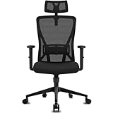Durrafy Bürostuhl Ergonomisch, Schreibtischstuhl mit Verstellbarer Kopfstütze, Armlehnen, Lendenwirbelstütze, Drehstuhl Wippfunktion, Chefsessel aus Mesh,Höhenverstellbar, Bürostuhl 150kg,Schwarz