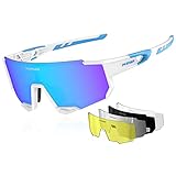 PHMAX Polarisierte Fahrradbrille mit 5 austauschbaren Gläsern, MTB, Radfahren, Laufen, Baseball, Sport-Sonnenbrille für Herren und Damen, Weißblau, Größe L