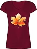 T-Shirt Damen V Ausschnitt - Halloween - Herbstliches Blatt mit Herbst Schriftzug - S - Bordeauxrot - Outfit Tshirt verkleidung kostüm Costum kostüme Party Shirt heeloween grusel