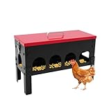 10L Futterautomat - 10 Fütterungsöffnungen, mit Deckel und TragegriffFuttertrog für Mehrere Hühner, Automatischer Spender für Hühnerfutter, Metall Futterspender für Geflügel Enten, Schwarz