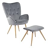 ALBATROS Ohrensessel mit Hocker York Grau - Vintage u Stilvoll, Samt-Bezug - Eleganter und SGS geprüfter Lesesessel oder Relaxsessel mit Hocker im Modernen Look