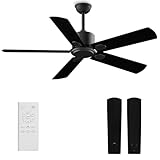 Biukis Deckenventilator ohne Licht, Leise, 6 Geschwindigkeiten, Ø132 cm Deckenventilator mit Fernbedienung, Umkehrbarer DC-Motor Zeitschaltuhr 1/2/4h für Innen Außen Wohnzimmer - Schwarz