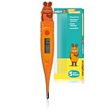 DieMaus Digitales Fieberthermometer für Kinder, kurze Messzeit ca. 10 Sek., flexible Spitze, Fieberalarm ab 37,5 °C, wasserdicht, Speicheranzeige (orange)