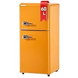 DRIXNO Retro-Kühlschrank. Gefrierkombination. 86,8 cm hoch, 45,5 cm breit, zweitürig, mit 60 Liter Gesamtvolumen, 22 Liter Gefriervolumen. 163 kWh/Jahr, -27°C ∽ 13°C,LED-Licht