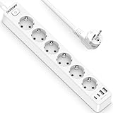 Steckdosenleiste mit 4 USB, 6 Fach Mehrfachsteckdose mit Schalter, Steckerleiste Wandmontage 3680W 16A 2 Type-C Mehrfachstecker Steckdose Verteilersteckdose für Küche Büro 1,8M Kabel Weiß