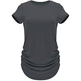 GO HEAVY Damen Multifunktions Pilates Jogging T-Shirt Kurzarm Yoga Gym Sportshirt Rundhals Feutigkeitsabsobierend Dunkelgrau L