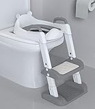 Toilettensitz Kinder mit Treppe, Toilettentrainer für Kinder, WC Sitz mit PU Gepolsterter, Höhenverstellbar und Faltbar, Rutschfest mit Spritzschutz Toilettenaufsatz Kinder(Weiß, Grau)