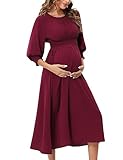 KOJOOIN Damen Umstandskleid Langarm Schwangerschafts Kleid für Schwangere mit Rundhalsausschnitt und Rüschen Rotwein-Langarm M