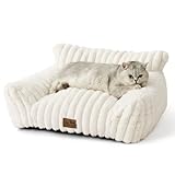 COZY KISS Großes Katzenbett im Cord-Design 65x44x30cm für Katzen und Kleine Hunde, Kuscheliges Katzensofa und Hundebett, Weiches Kunstfell, Kopf- und Nackenstütze, rutschfest und Waschbar, Creme