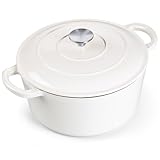 E-far 7QT Emaillierter Dutch Oven Schmortopf aus Gusseisen, rund, mit Deckel zum Brotbacken/Schmoren/Braten/Schmoren, robustes Antihaft-Kochgeschirr, sicher für Induktion und Backofen, Weiß