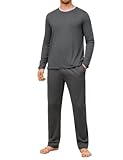 Crewhpo Herren Schlafanzug Lang Baumwolle Pyjama mit Rundhalsausschnitt Schlafanzüge Männer Nachtwäsche Langärmeliger Loungewear Freizeitanzug Pyjamaset Winter