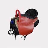 TTZGMTRC Westernsattel-Set aus echtem Leder - Enthält Zaumzeug, Gebiss, Zügel, Sattelgurte, Steigbügel und bequemes Schweißkissen,Rot