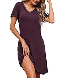 Demegimi Nachthemd Damen Kurzarm Schlafshirt Baumwolle Kurz Sexy Spitze Sleepshirt V-Ausschnitt Nachtwäsche S-3XL