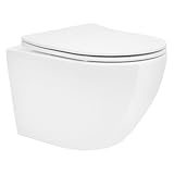 LuxeBath Spülrandloses Hänge WC kurz 49 cm Weiß glänzend mit Nano Beschichtung, Wand-WC, Toilette mit abnehmbaren WC-Sitz aus Duroplast Softclose Absenkautomatik, Tiefspüler WC Keramik Lotus Effekt