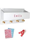Smart Ideer - Kindergarderobe mit Ablage - Individuell mit selbstklebenden Buchstaben - Wandgarderobe aus Holz - Garderobe mit 4 Haken - Garderobe Kinder mit Ablage