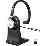 Wantek Bluetooth-Headset mit Mikrofon für PC, V5.2, Kabelloses Headset mit Rauschunterdrückungs-Mikrofon, USB-Dongle, Ladestation und Stummschalttaste für Arbeit, Handys, Computer