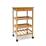 LOKLNEYK Küchenrollwagen aus Bambus mit Rollen, Servierwagen mit 2 Herausnehmbaren Tabletts, Weinregal für 4 Flaschen, Beistellwagen mit Schublade & Ablage, für Küche & Esszimmer