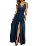 Newshows Sommerkleid Damen Lang Maxikleid Sommer V Ausschnitt Kleid Schlitz Freizeitkleid Elegant für Hochzeitsgast (Marine,Groß)