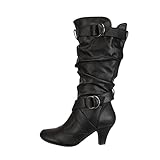 Halbhohe Stiefel für Damen, modische Wanderstiefel, Retro-Stiefel, breite Wade, Gummistiefel, breiter Absatz, seitlicher Reißverschluss, Stiefel mit Schnalle, runde Zehenpartie, Cowboystiefel, lässig,