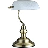 Schreibtischlampe Retro mit Glasschirm weiß Banker Lampe aus Alt Messing Retro (Schreibtischleuchte, Nachttischleuchte, Nachttischlampe, Höhe 36 cm, Bankerslamp, Fassung E27)