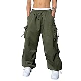 Herren Cargohose Lang Mit Gummizug Baggy Fallschirmhose Loose Fit Strahlfüße Cargo Hose Herren Lang Tunnelzug Fallschirm Lässig Y2K Hosen Verstellbare Taille Leichte Street Stoffhose Armeegrün XXXL