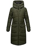 MARIKOO Damen Wintermantel Warmer Steppmantel lang mit Kapuze und Gehschlitzen Tomomii XVI Dark Olive Gr. M