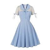 Damen Vintage Gothic Cocktailkleider Ausschnitt Schlüssellochkragen Illusion Mesh Ärmel Minikleid A-Linie Knielang Goth Kleid, Hell, blau, XX-Large