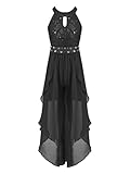 YOOJIA Kinder Mädchen Kleider Glänzend Chiffon Kleid Spitzekleid Festliches Hochzeit Partykleid Blumenmädchen Geburtstag Jumpsuit Schwarz 134-140