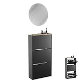 Planetmöbel Schuhschrank schmal inkl. runder Spiegel mit Beleuchtung 60 cm (2 Lichtstufen) Schuhkommode mit 3 Klappen Schuhregal mit 6 Ablagen, Garderobe Set, 60 x 23 x 118 cm, schwarz
