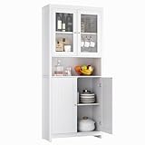 FOREHILL 190cm Küchenschrank, Vitrinenschrank Buffetschrank mit 4 Türen, Hochschrank für Küche Wohnzimmer Esszimmer, weiß