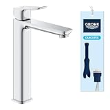 GROHE Dice, Waschtischarmatur hoch, wassersparend (Wasserhahn für das Bad, Badarmatur mit Zugstangen-Ablauf, 27cm hoch, mit 3in1 Werkzeug, einfache Installation am Waschbecken), chrom, 1018920000