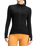 QUEENIEKE Damen Laufjacke Sportjacke Trainningsjack Langarm definieren Jacke Full Zip Leicht Atmungsaktive Sweatjacke mit Taschen Daumenloch für Fitness Yoga Jacke Farbe Schwarz S