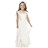 TYHTYM Blumenmädchen-Kleid, Festzug, Hochzeit, Spitzenkleid, Ballkleid, Ballkleid, Mädchen, Partykleid, Flatterärmel, Weiß Gr. 10-11 Jahre, beige