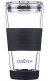 ecoBrew Glas Kaffeebecher To Go | Doppelwandig Isolierung Thermobecher | 450 ml Coffee to go becher keramik mit Deckel | Wiederverwendbarer Reisebecher Kaffee Travel Mug | Schwarz