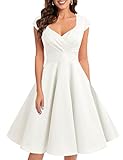 bbonlinedress 1950er Vintage Retro Cocktailkleid Rockabilly V-Ausschnitt Faltenrock White (Creme) L