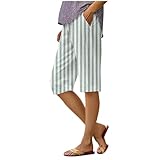 Caprihose Damen Sommer 3/4 - Leichte Sommerhose Leinenhose Atmungsaktive Gestreift Extradünn Sweathose Elastisch Knielang Freizeithosen Leicht Baggy Stoffhosen Lounge Activewear Hohe Taille Yoga