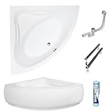 ECOLAM Badewanne Mia 120x120 cm Schürze | Wanne mit Sitz | Acrylwanne Eckwanne Modern Design Eckbadewanne + Ablaufgarnitur Ab- Überlauf Automatik Füße Silikon Komplett-Set Acryl weiß