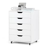 GOPLUS Schubladenschrank mit Rollen, Rollcontainer mit 5 Schubladen, Griffmulden, mobiler Aktenschrank, Bürocontainer Rollschrank für Schlafzimmer Arbeitszimmer & Büro, 48 x 39,5 x 65,5 cm (Weiß)