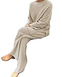 Onsoyours Damen Jogginghose Zweiteilige 2 Stück Strickanzug aus Langarm Strickpullover Und Lange Beiläufig Freizeitanzug Sportanzug Loungewear Set Aprikose L
