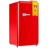 DRIXNO Retro Kühlschrank Rot, 91 Liter Mini Getränkekühlschrank mit Gefrierfach, Kühlschrank mit Gefrierfach Klein 85 kWh/Jahr, LED-Licht.
