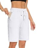 EUHOM Shorts Damen Sommer Bermuda Shorts Casual Kurze Hose Sportshorts Baumwolle Kurz Sporthose Jogginghose Knielang Yoga Running mit Taschen (Weiß, XL)