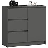 AKORD Kommode K-80 Jerry mit 3 Schubladen | Schrank mit 2 Einlegeböden und 1 Tür | Für das Wohnzimmer Schlafzimmer | Moderne | 16mm Laminierte Platte | 80x77x35 cm | Graphitgrau + Graphitgrau Front