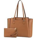 RAINSMORE Handtasche Damen 15,6 Zoll, Shopper Tasche Tote Bag Damen Groß mit Clutch, PU Leder Aktentasche Laptoptasche für Business, Schule, Arbeit, Braun