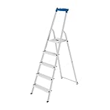 Hailo Stehleiter L58E StandardLine - klappbare Aluleiter mit 5 Stufen und Multifunktions-Ablage - max. Arbeitshöhe bis 307 cm - belastbar bis 150 kg - Silber