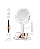 MOMOKUBA Kosmetikspiegel mit Beleuchtung, Vergrößerungsspiegel mit Licht 20fach, Kosmetikspiegel mit Vergrößerung 8', Doppelseitig 3 Farben 64 Led, Schminkspiegel mit Beleuchtung Rund 360° Drehbar