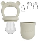 Baby Fruchtsauger & 3 Schnuller - Beiger 100% Silikon Nahrungsschnuller mit Beißring, Fruchtschnuller für Obst, Gemüse & Babynahrung, BPA-frei - Broemba®
