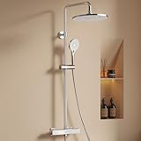 PUKANIUM Duschsystem mit Thermostat (Quadrat), Chrom Duscharmatur Komplettset mit 255MM Regendusche, Rund Regendusche mit Armatur, Handbrause 3 Strahlarten, Duschset mit 110-125 cm Höhenverstellbar