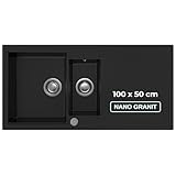 SINK QUALITY Spülbecken schwarz 100x50 cm, Granitspüle 1,5 Becken, Spüle mit Siphon und Imprägniermittel, Küchenspüle ab 60er Unterschrank