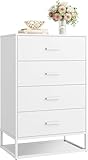 WLIVE Holz kommode für Schlafzimmer mit 4 Schubladen, Nachttisch, Kommode, hohe Kommode mit Schubladen und stabilem Metallrahmen für Flur, Wohnzimmer, Schrank, weiß