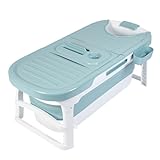 Coolpleasant Mobile Badewanne Erwachsene, Faltbare Badewanne, 136 x 62 x 52cm Jacuzzi Badewanne, Mit Abnehmbar Abdeckung, Nackkissen und Seifenkorb, Ideal für Kleine Badezimmer(Color:Blau)